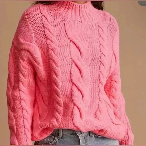 Anthropologie Mock Neck Cable-Knit Sweater XS Pink Wool Blend - Picture 3 of 16